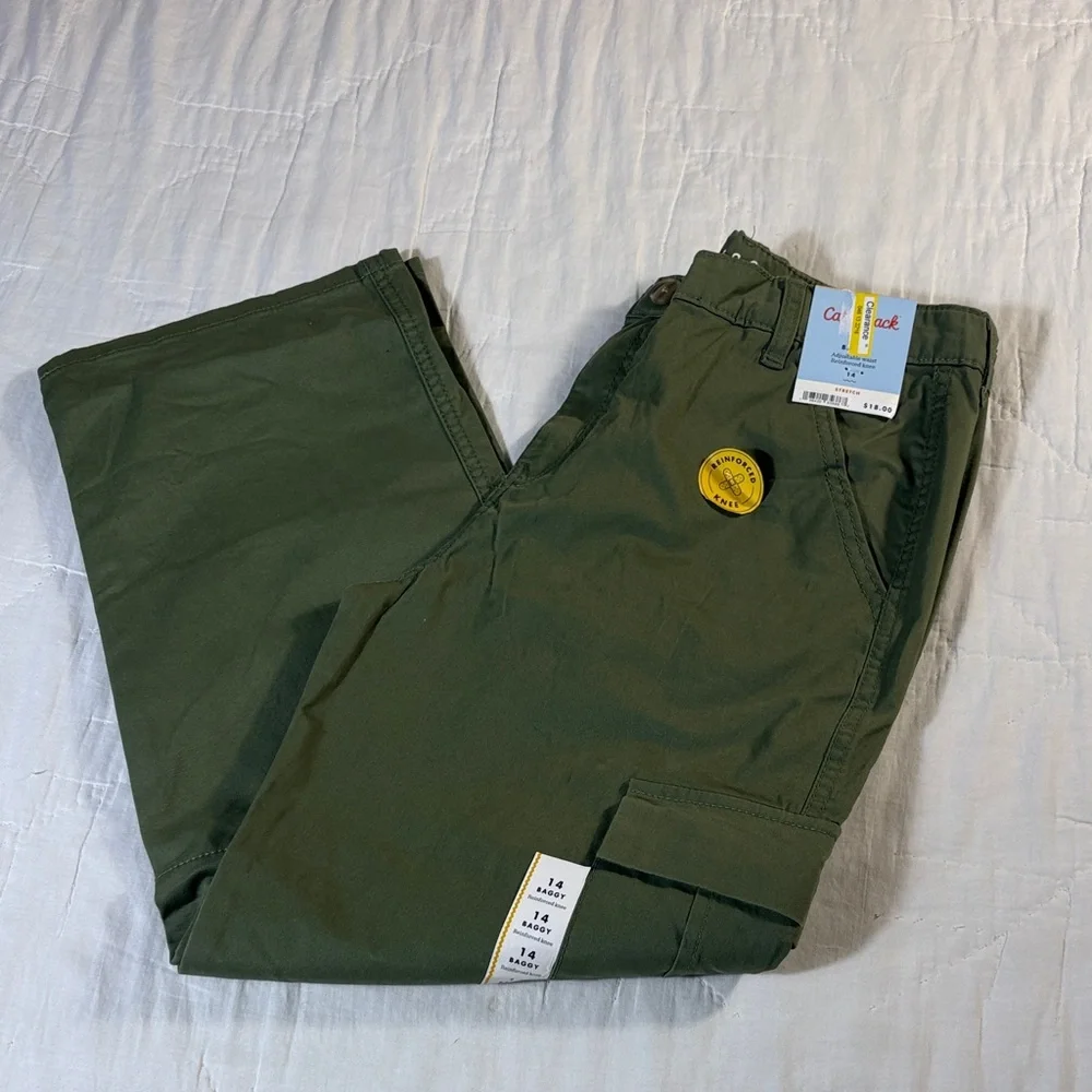 NWT Cat & Jack Boys Baggy Adjustable Waist Reinforced‎ Knee Pants Olive Size 14
